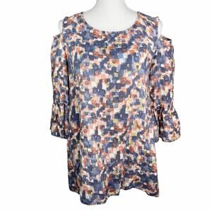 John Mark Linen Bell Sleeve Tunic Top Abstract Watercolor Print Cold Shoulder M